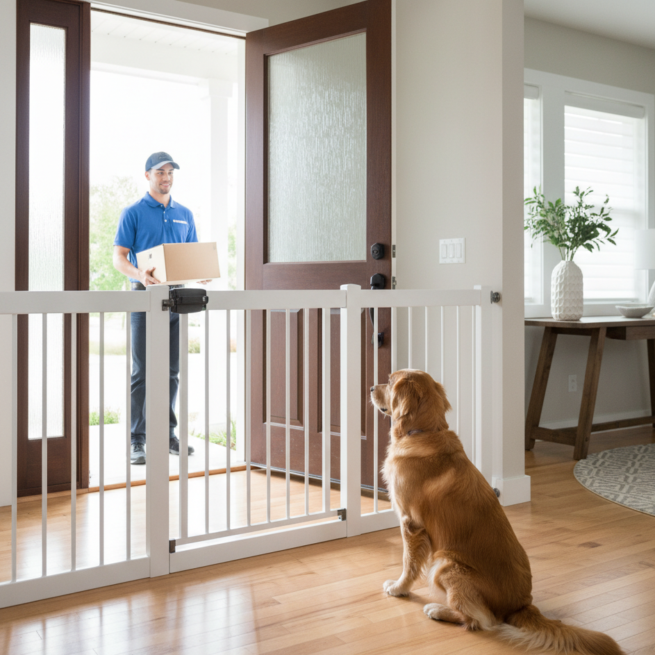 Dog sitting behind white gate at front door while delivery person arrives.