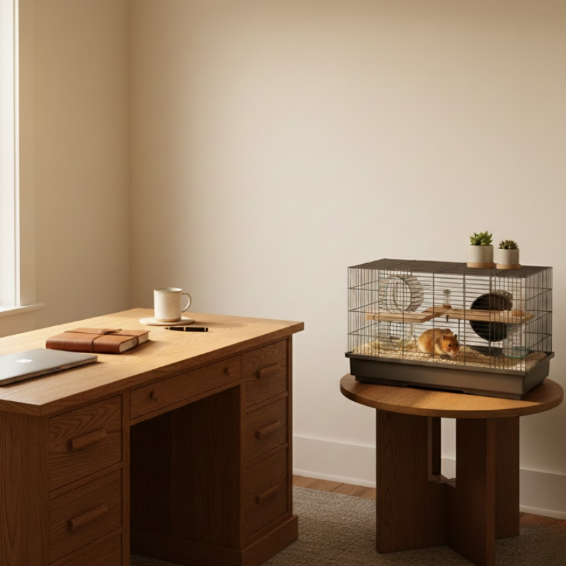 Hamster cage placed on round wooden table beside office desk in softly lit room.