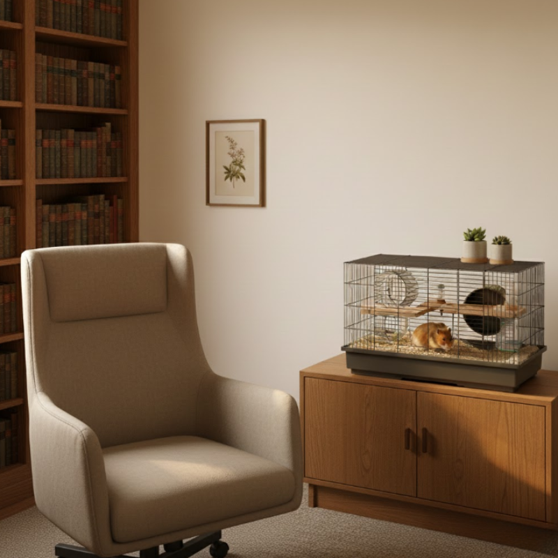 Hamster cage on wooden cabinet next to reading chair and bookshelf in quiet study.