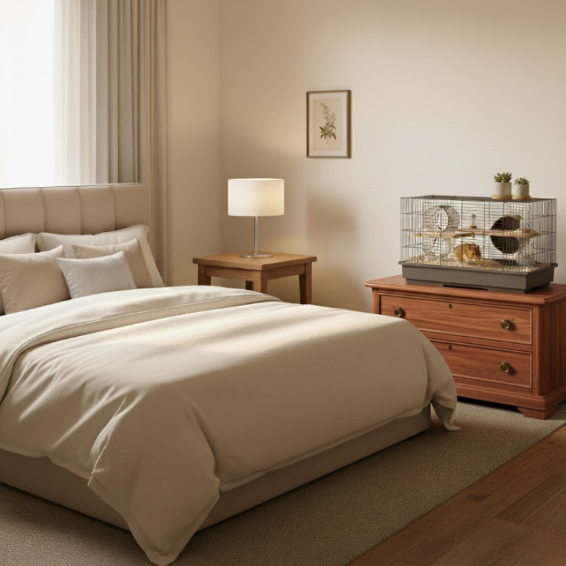 Hamster cage on wooden dresser next to bed and bedside lamp in cozy bedroom.