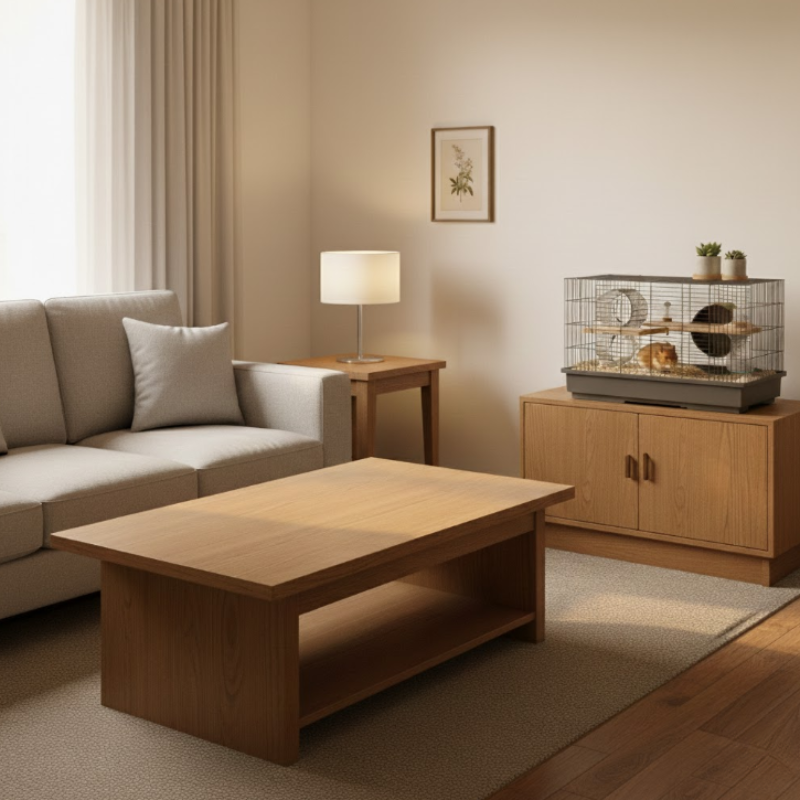 Hamster cage displayed on wooden cabinet beside sofa in bright living room.