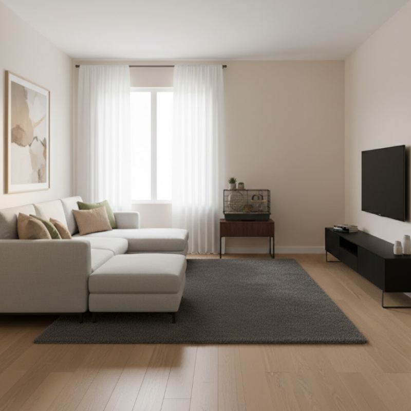 Hamster cage on small table in living room corner opposite TV.