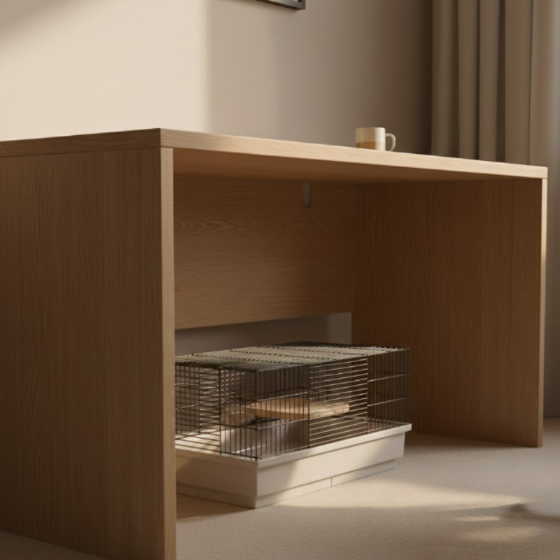 Hamster cage placed under large wooden desk with soft natural lighting.