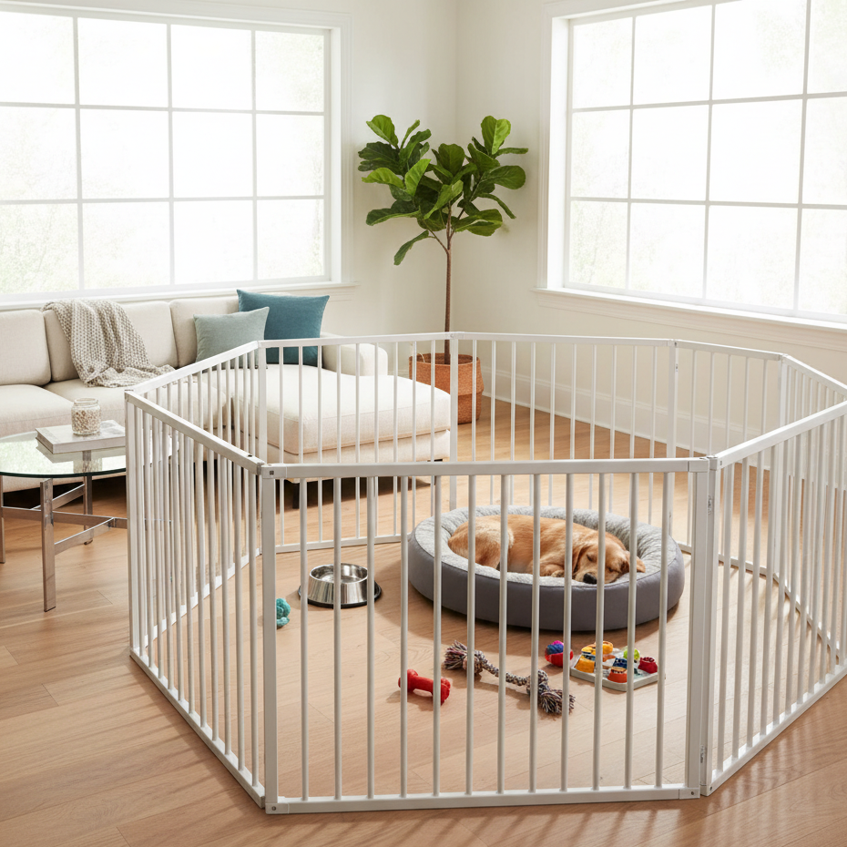 Large white playpen holding dog bed, toys, and a relaxed puppy.