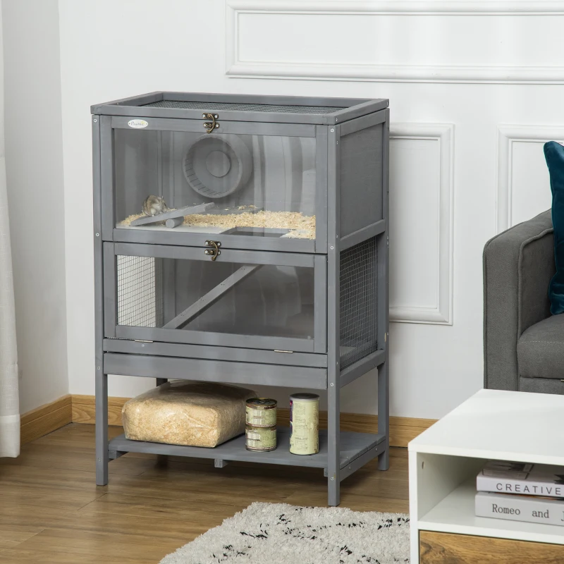 Two-story gray wooden hamster cage with glass and wire panels.