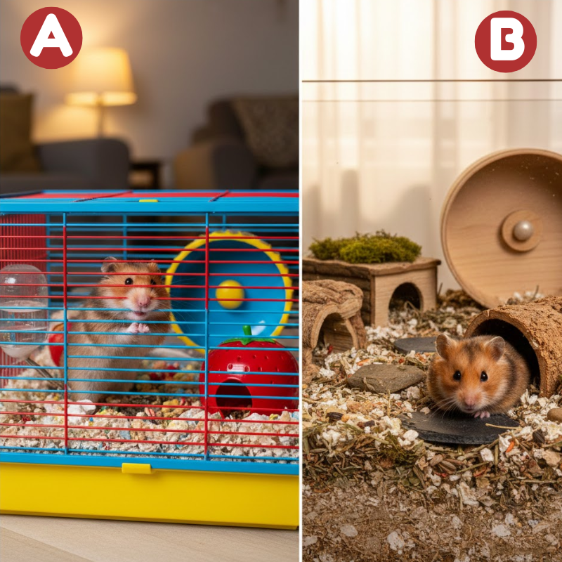 Comparison of a small wire cage (A) and a natural deep-bedding tank (B).
