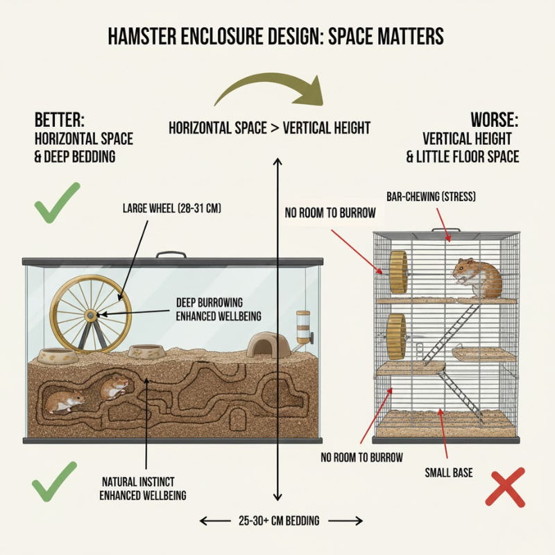 Deep bedding setup in a glass hamster tank versus a small wire cage.