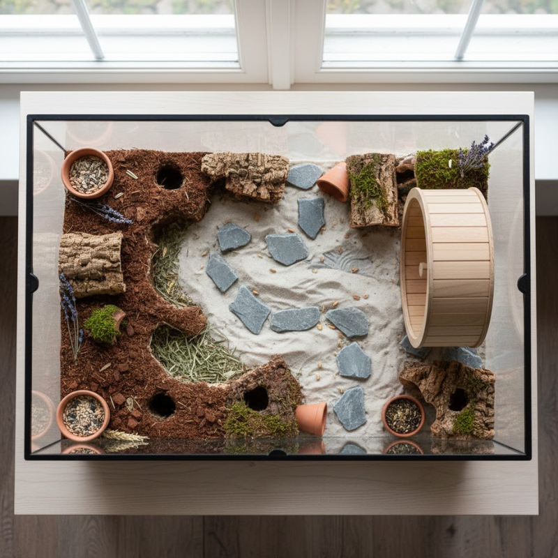 Natural dwarf hamster cage with sand bath, cork logs, and wheel.