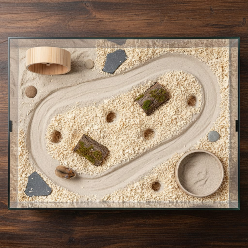 Roborovski hamster sand pit enclosure with bedding path and wooden wheel.