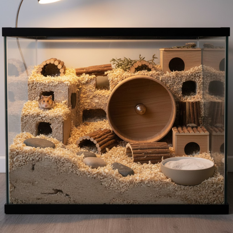 Tall glass tank with deep bedding, wooden hides, and large wooden wheel.