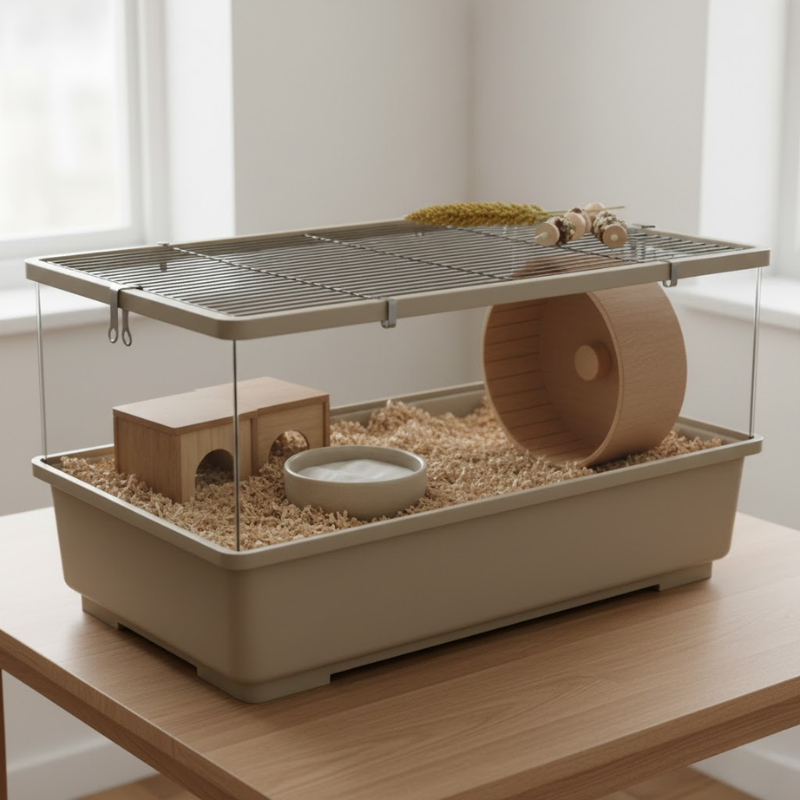 Hamster cage with plastic base, mesh lid, wheel, and wooden hide.