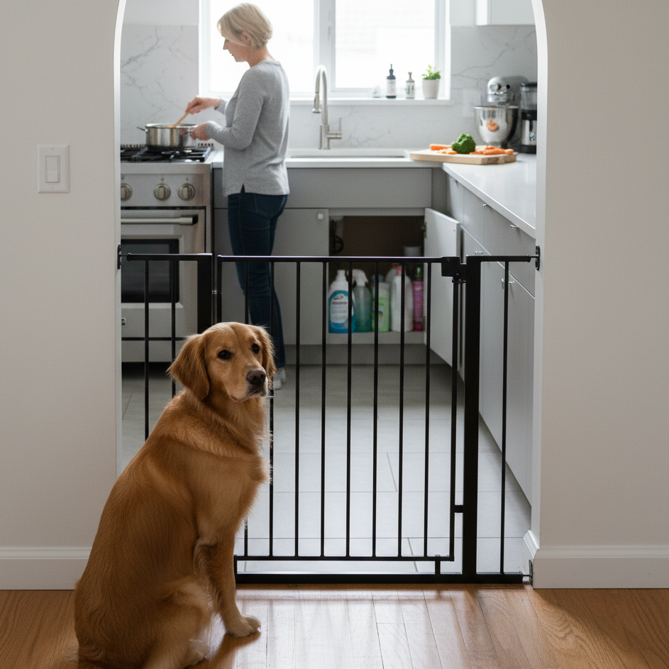 Golden retriever sitting behind gate while owner cooks in kitchen.