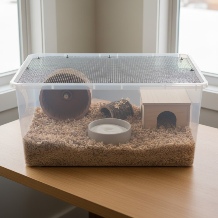 Simple DIY plastic bin cage for hamster with bedding, wheel, and hideout.