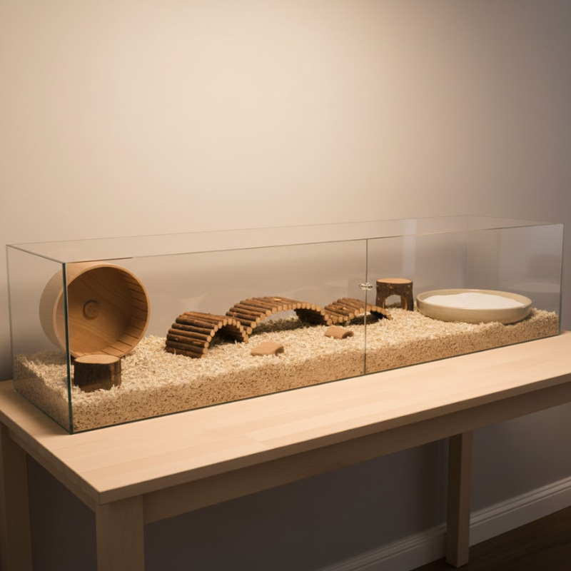 Long, low glass terrarium with deep bedding, wheel, and wooden bridge.