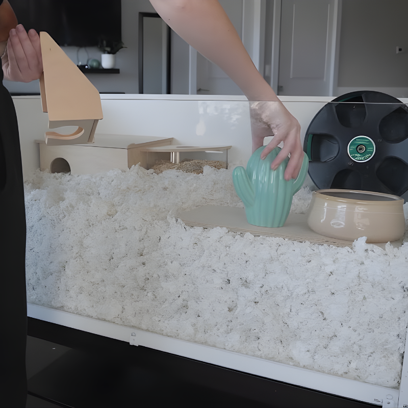 Person positioning ceramic and wooden hideouts on a platform inside a hamster enclosure.
