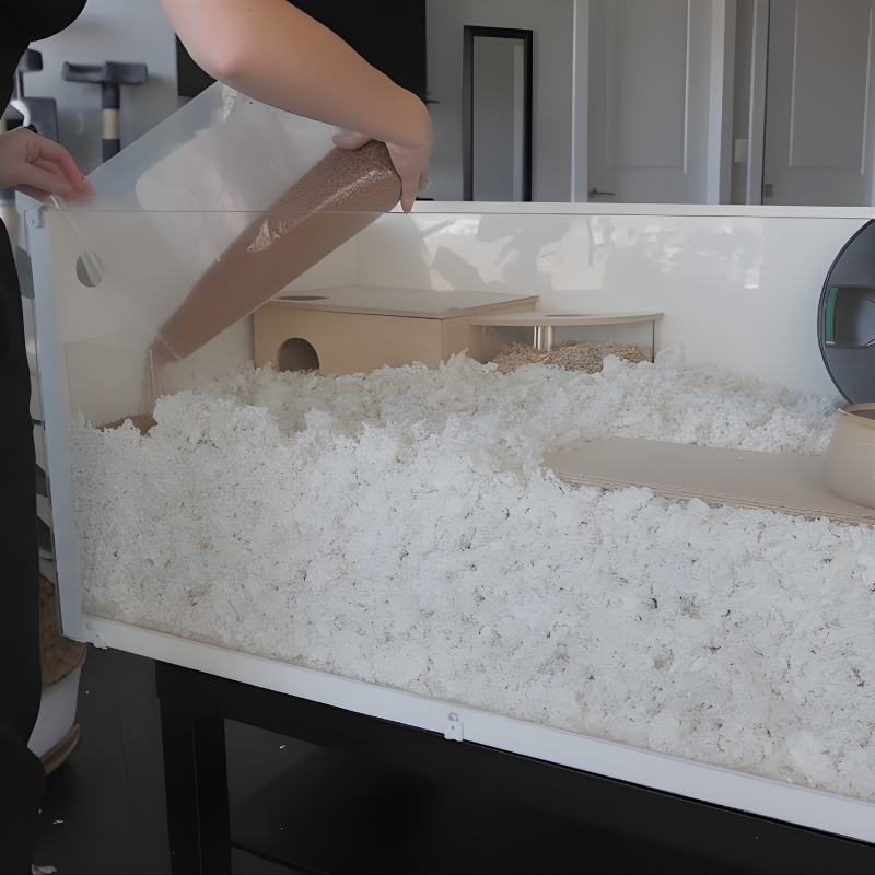 Person pouring textured substrate into a deep-bedding hamster enclosure for added enrichment