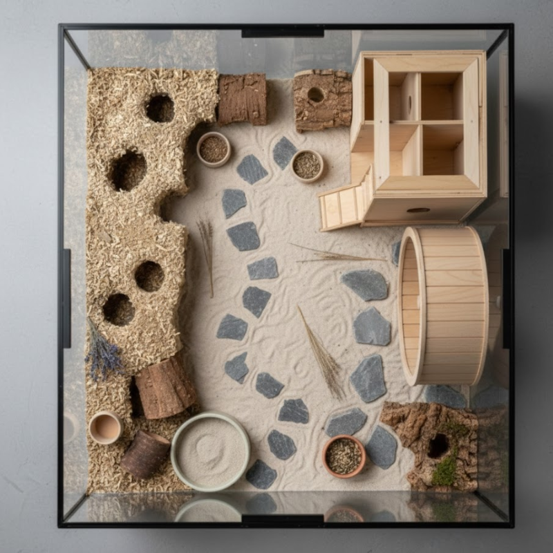 Syrian hamster cage with deep burrowing area, sand bath, and wheel.