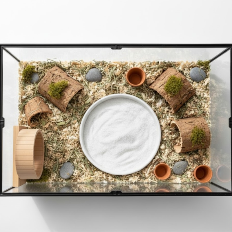 Dwarf hamster enclosure with deep bedding, cork logs, and large sand bath.