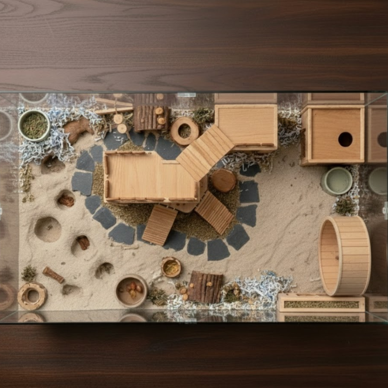 Elevated Chinese hamster cage design with wooden hides and wheel.