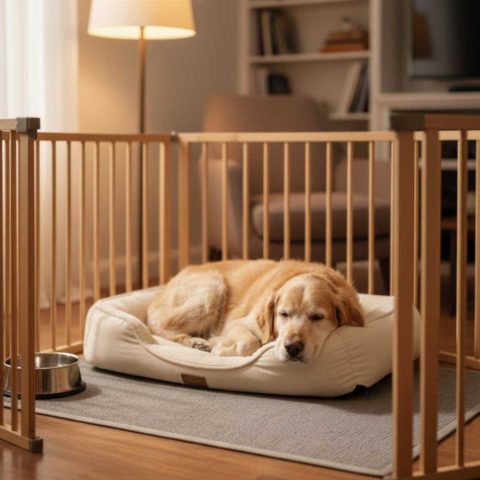 Senior dog resting on plush bed inside wooden indoor pet gate.