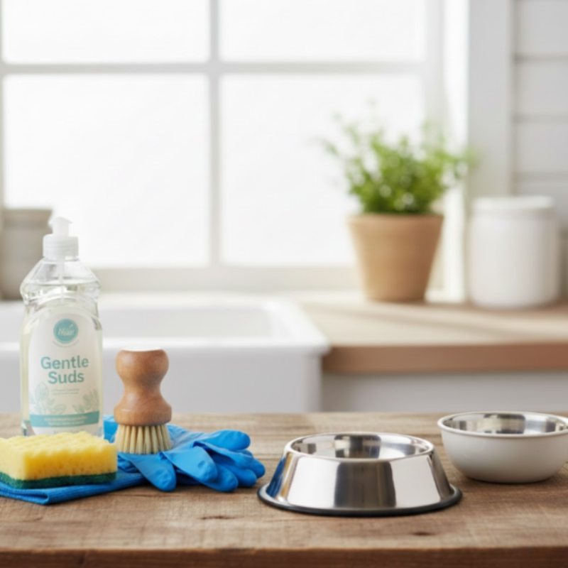 Cleaning supplies including sponge, soap, gloves, bowls ready