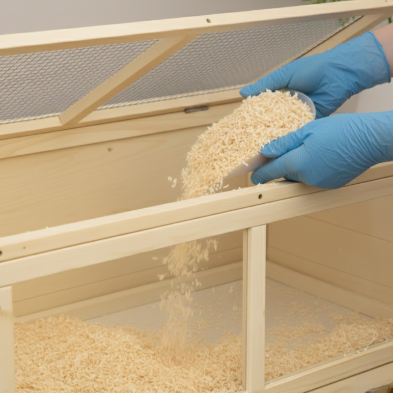 Hands spreading new paper-based bedding evenly inside hamster cage