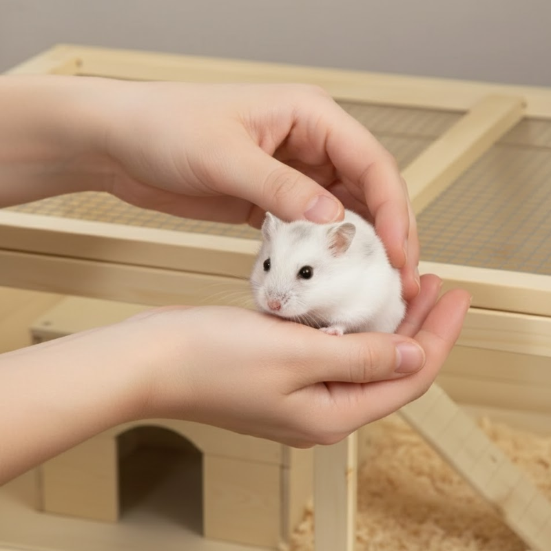 Hamster being gently placed into a temporary enclosure