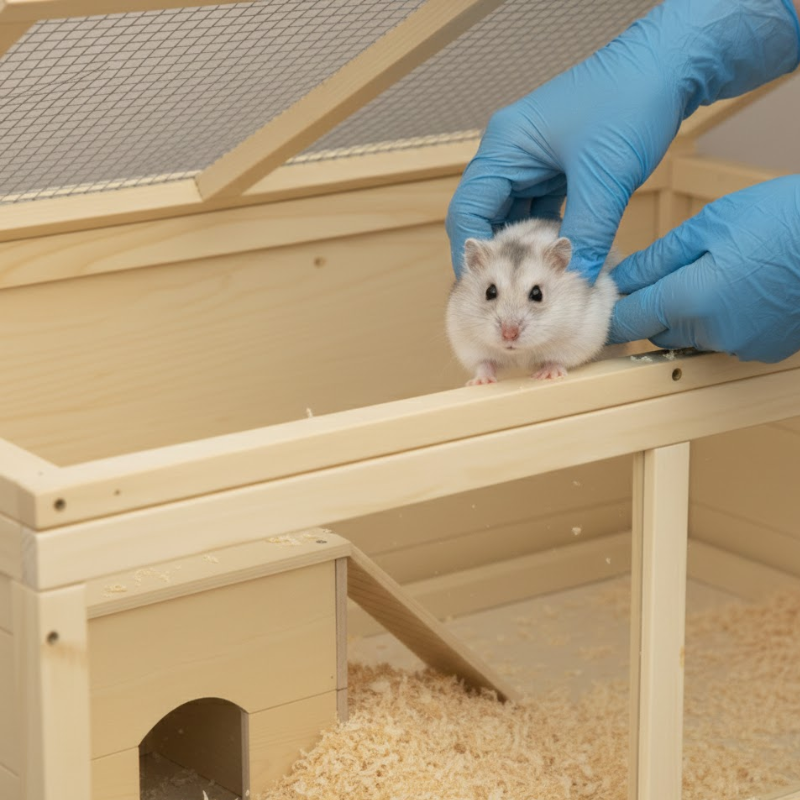  Hamster exploring clean cage after accessories and bedding replaced