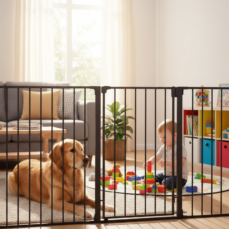 Dog lying behind safety gate watching toddler playing with toys.