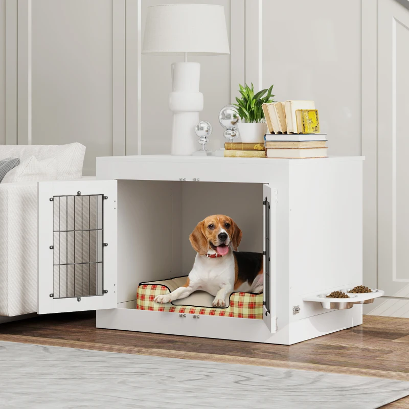 Golden dog resting beside a white wooden dog crate cabinet.