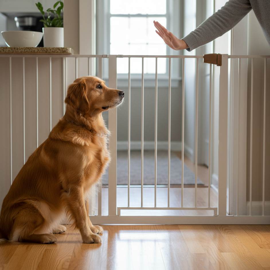 Dog sitting calmly behind indoor gate as owner gives stay command.