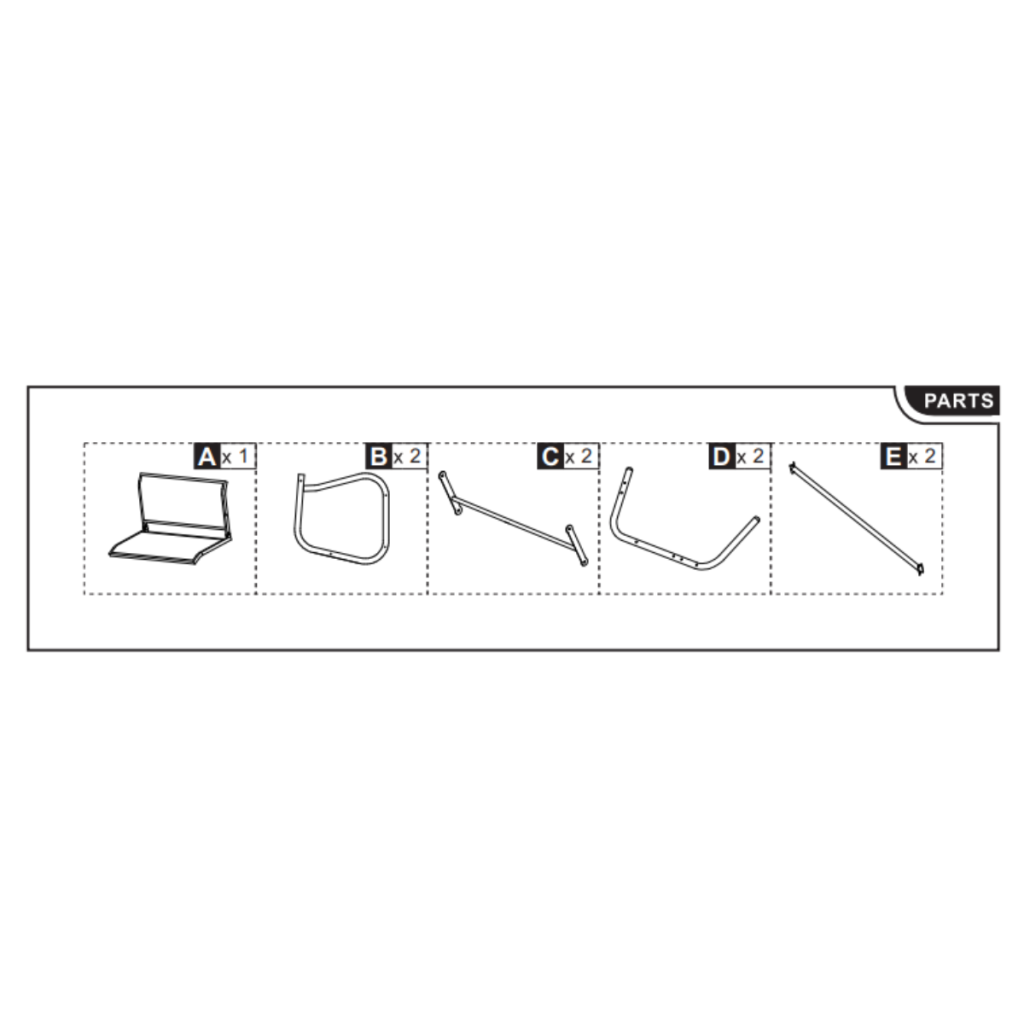 Illustrated parts layout showing backrest, arms, legs, rods.