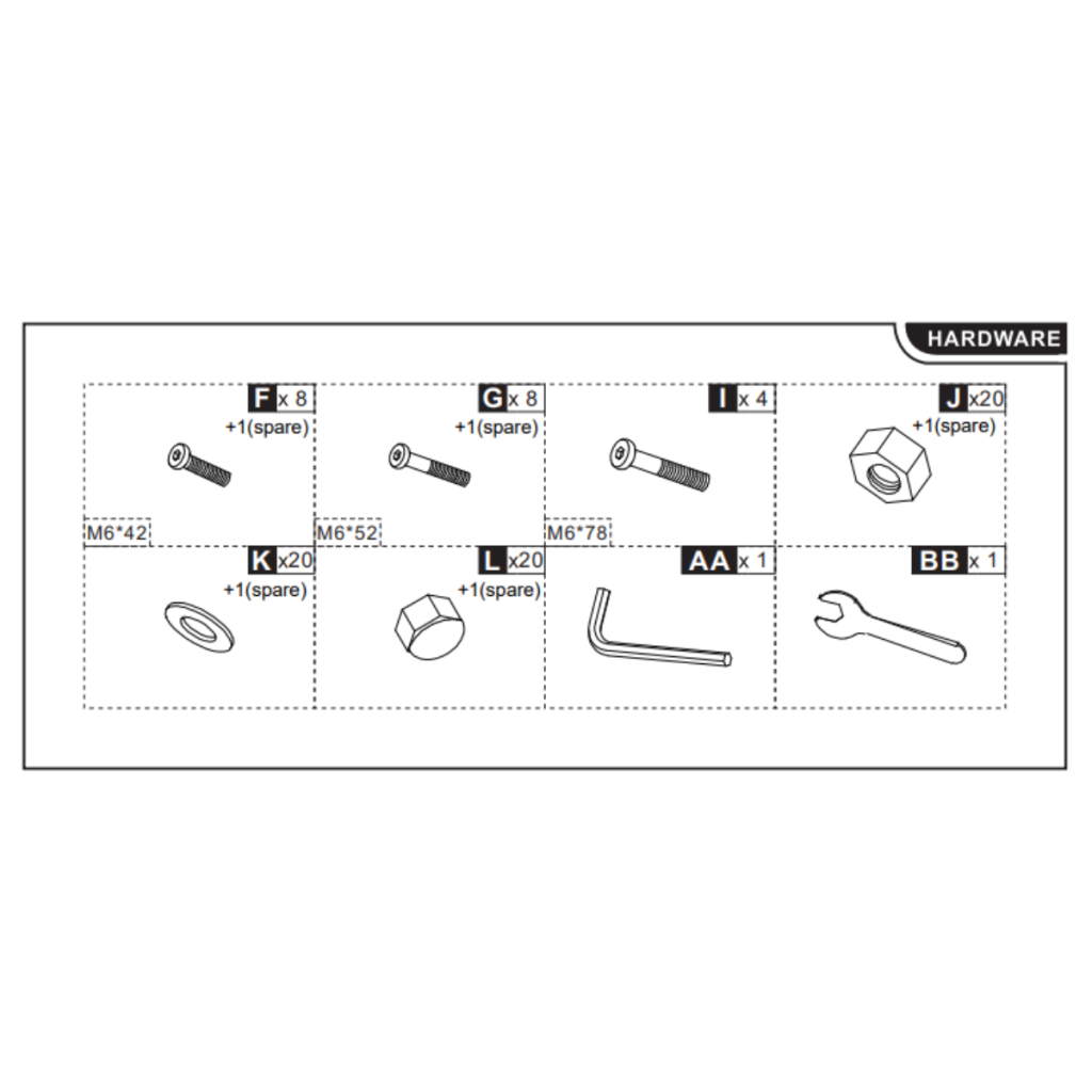 Bolts, nuts, washers, Allen key, and wrench layout.