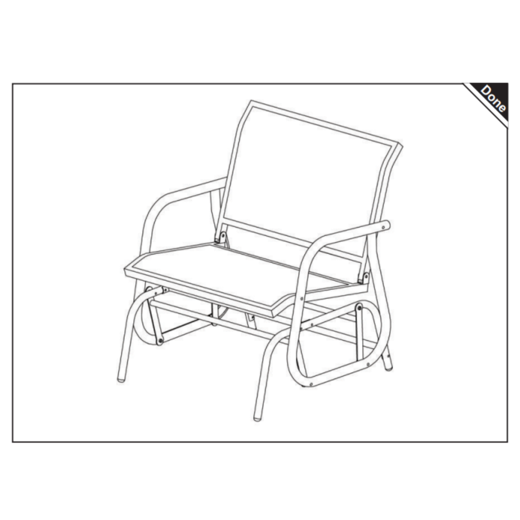 Fully assembled patio glider with seat and backrest.