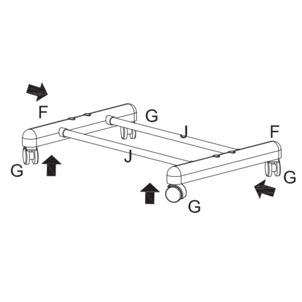 Diagram showing base frame assembly with labeled connectors and crossbars.