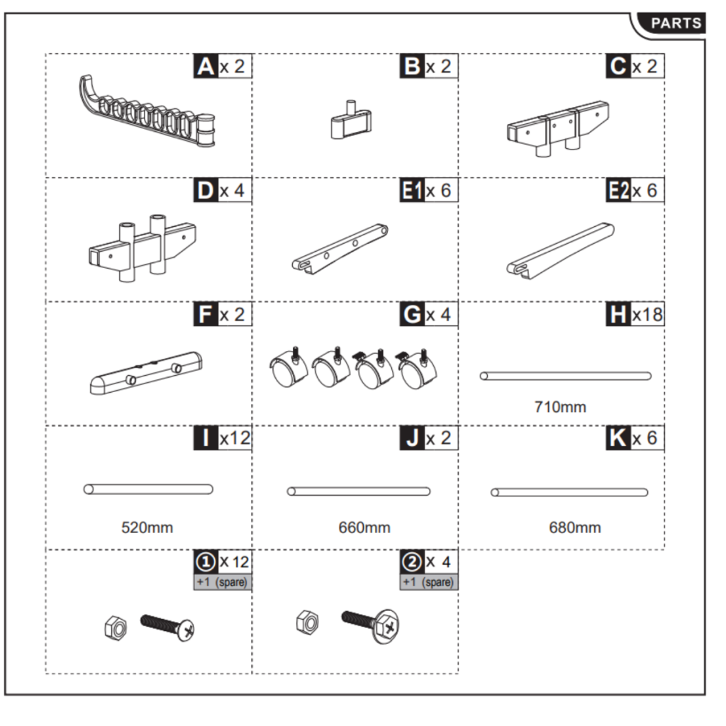 Illustrated parts sheet showing brackets, rods, connectors, screws, and hardware.