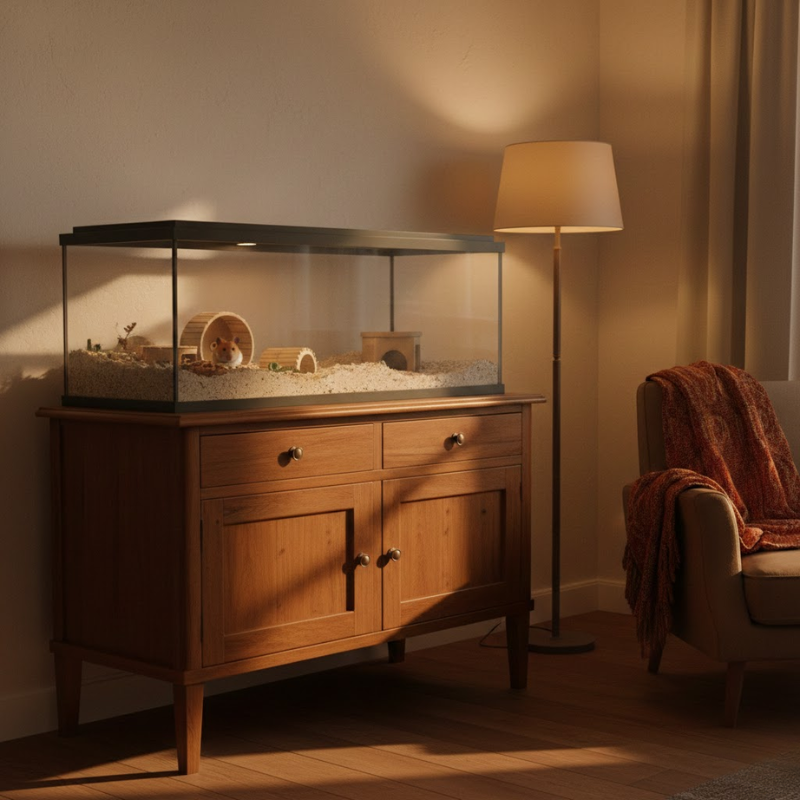 Hamster tank on wooden cabinet near warm ambient lighting.