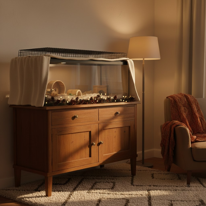 Hamster tank partially covered with blanket for warmth.