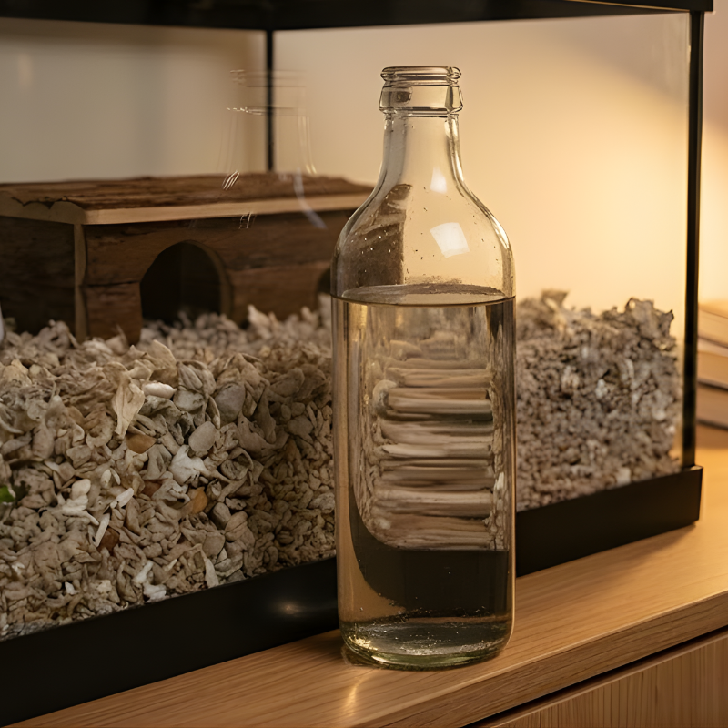 warm water bottle placed beside hamster tank for gentle heat.