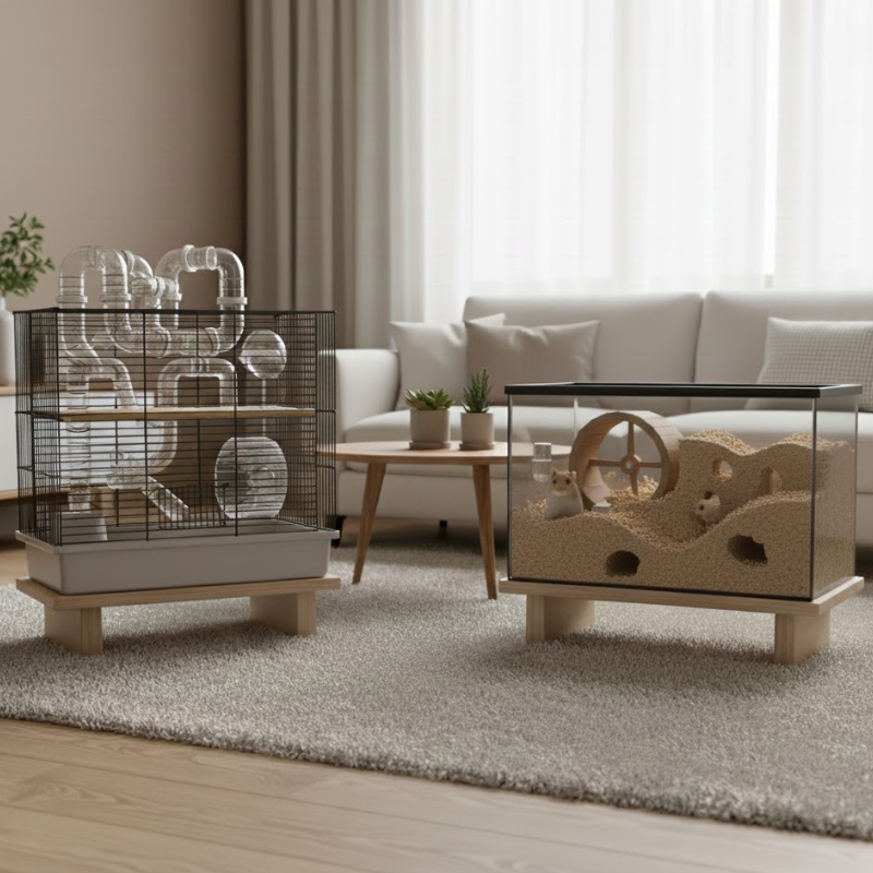 Illustration showing hamsters exploring a safe habitat with tunnels, bedding, and enrichment items.