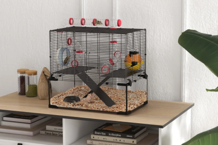 Comparison guide showing wire cage and aquarium tank setups for hamster homes with bedding and accessories.