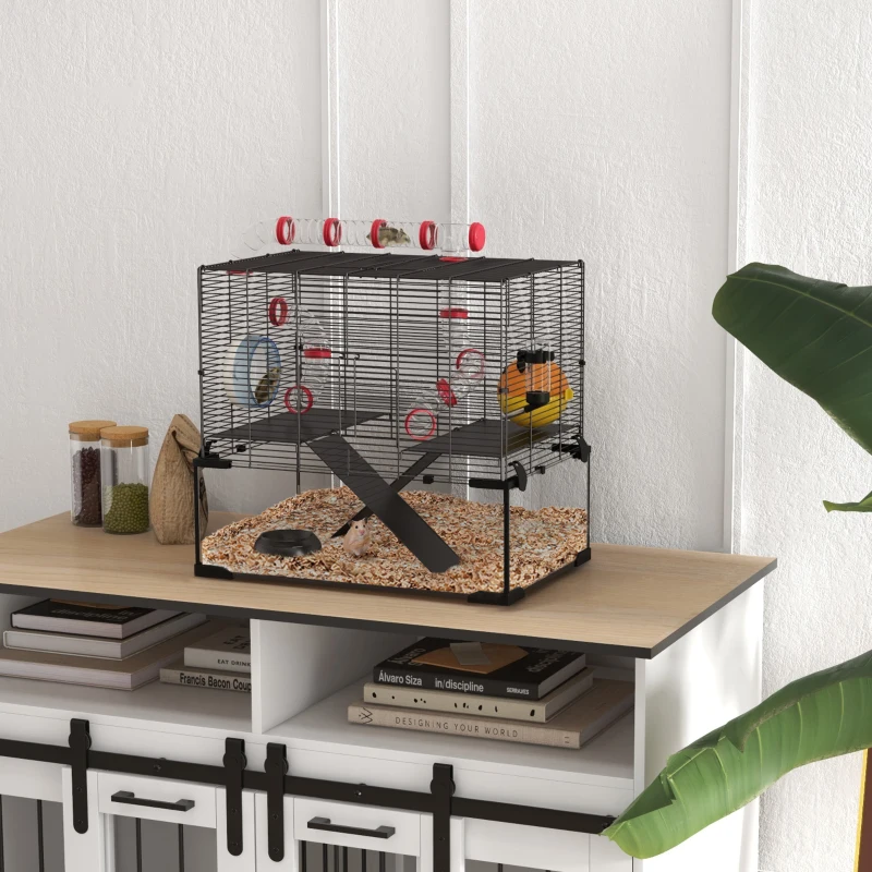 Comparison guide showing wire cage and aquarium tank setups for hamster homes with bedding and accessories.