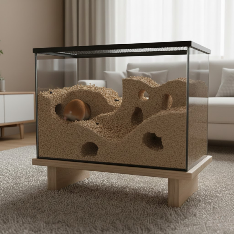 Glass hamster tank with deep bedding, tunnels, and secure mesh lid on a wooden floor.
