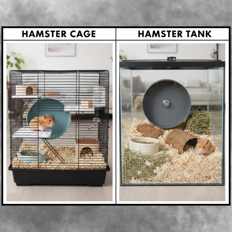 Side-by-side table comparing features of wire cages and aquarium tanks for hamsters.
