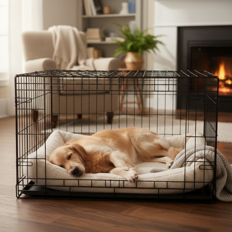 Dog sleeping comfortably inside well-fitted crate with soft bedding.