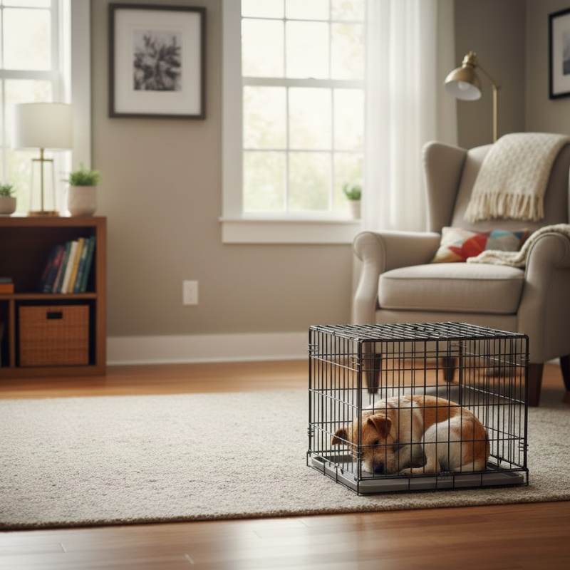 Small dog curled tightly in crate with limited resting space.