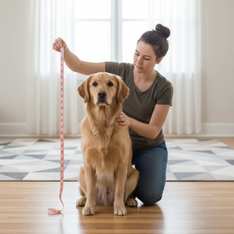 Woman measuring seated dog’s height using tape measure indoors.