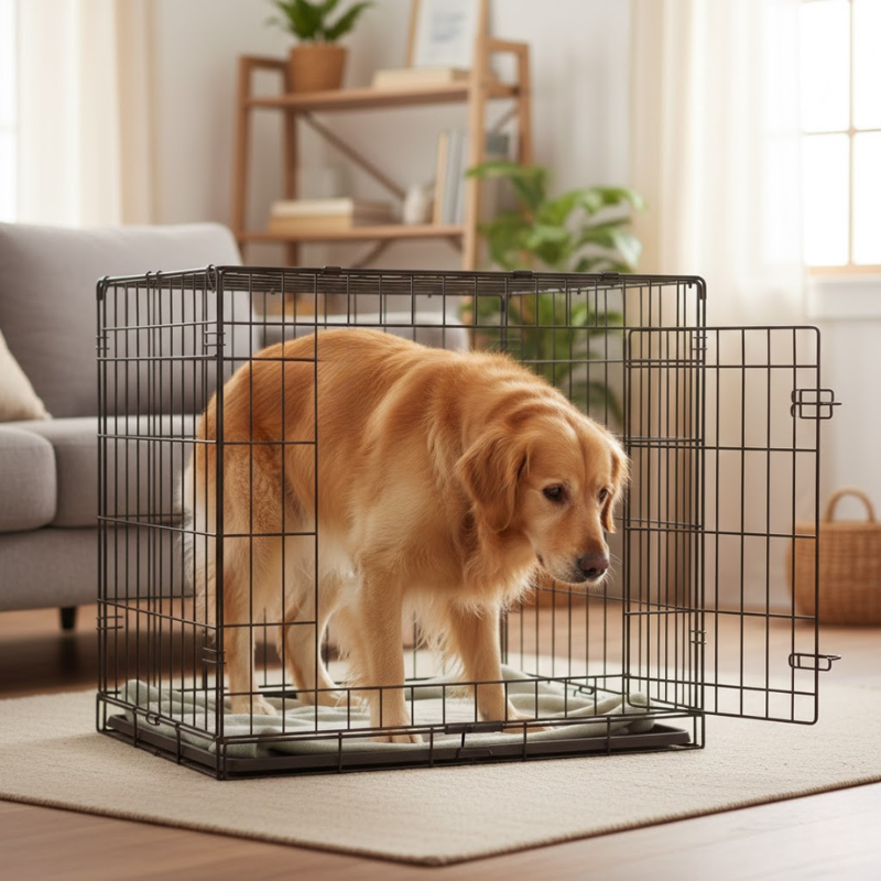 Dog crouching inside crate with limited headroom and tight space.