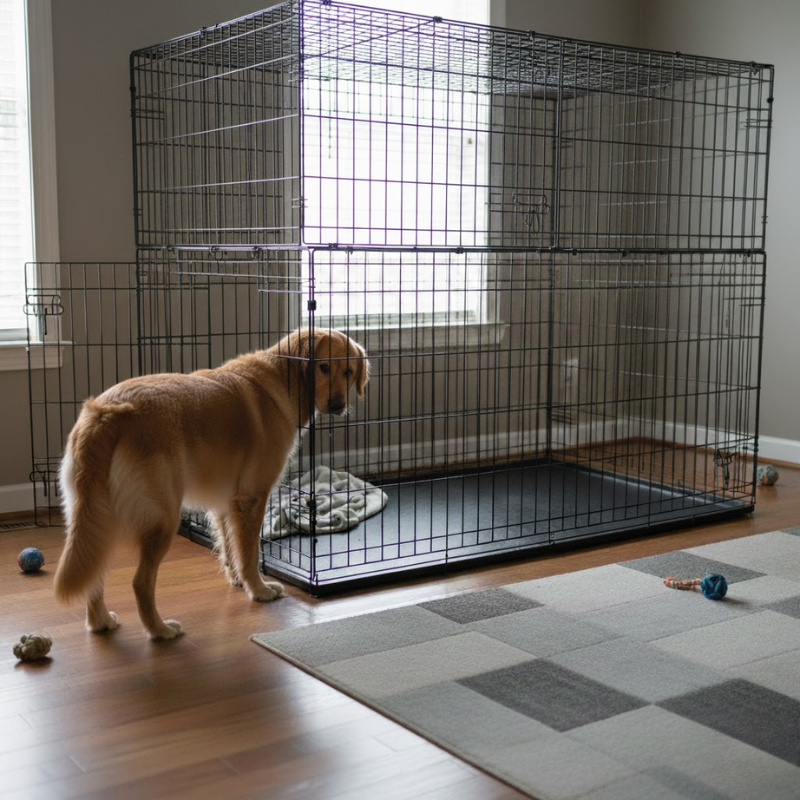 Dog inside oversized crate looking small and unsettled.
