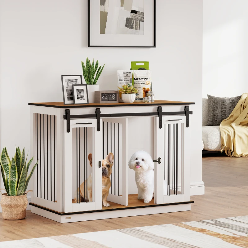 Two small dogs sitting inside modern wooden furniture-style dog crate cabinets.